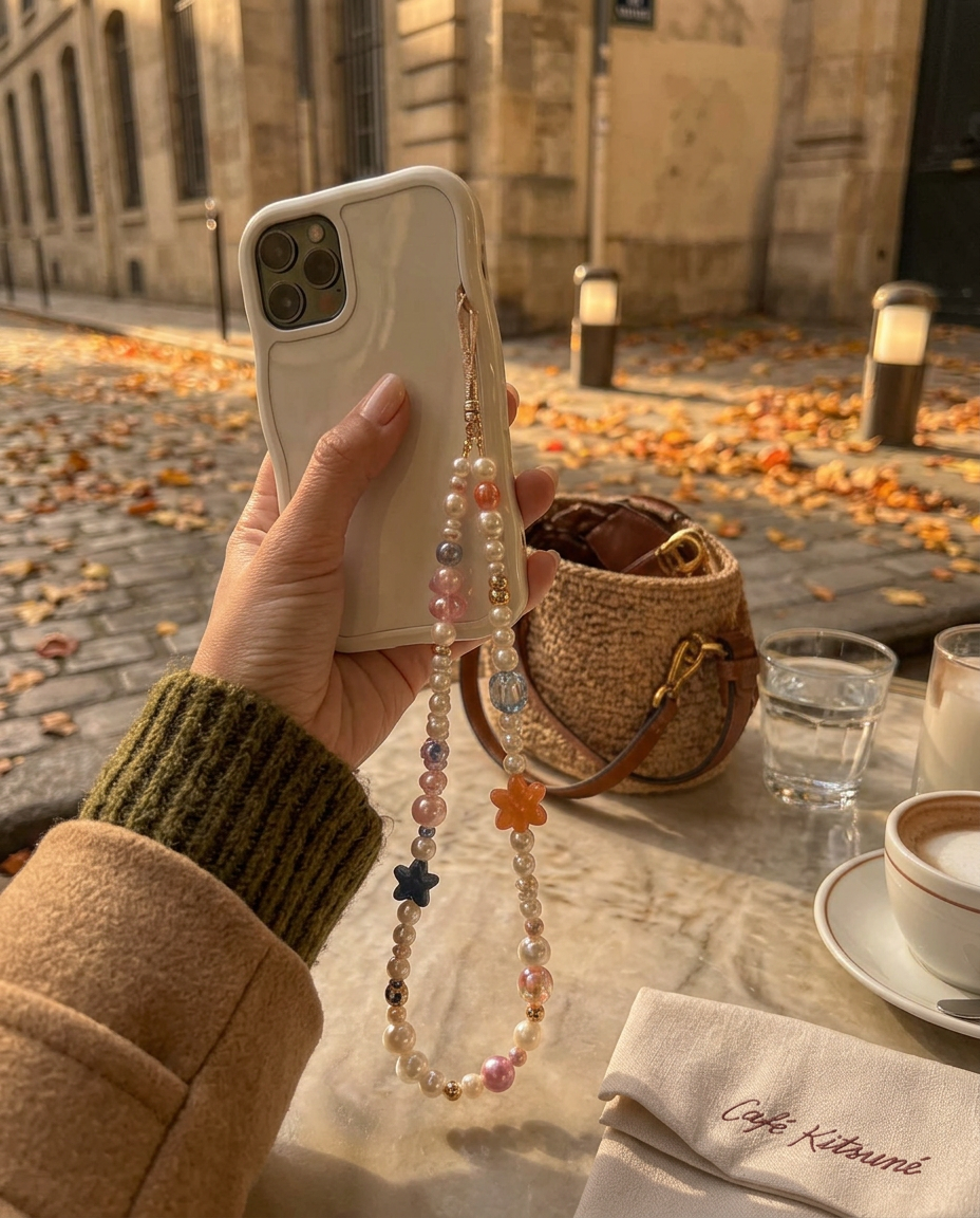A colorful beaded phone chain on a phone at a Parisian cafe
