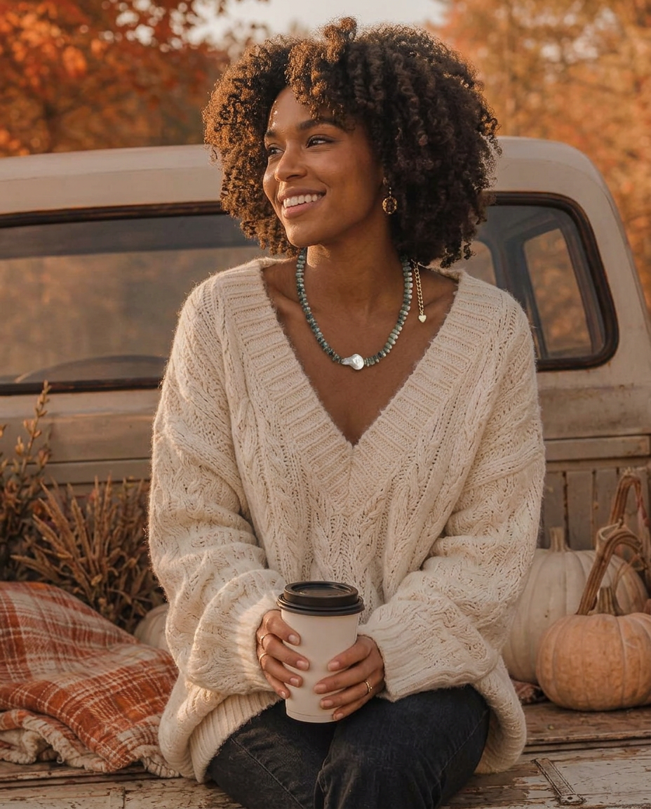 An African American woman smiling while sitting on the tailgate of a vintage pickup truck in autumn, wearing an oversized cream cable-knit sweater and the Lo Studio labradorite bead necklace with a baroque pearl pendant, holding a to-go coffee cup